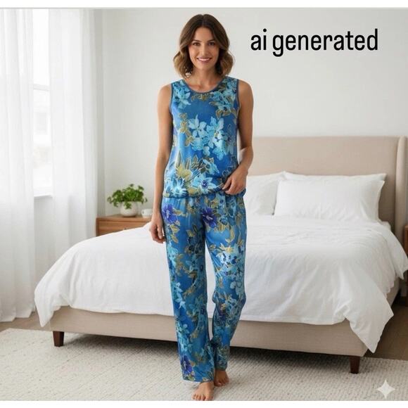 Vintage California Dynasty Blue Floral Satin Pajama Lounge Set Top Pants Medium - Picture 1 of 16